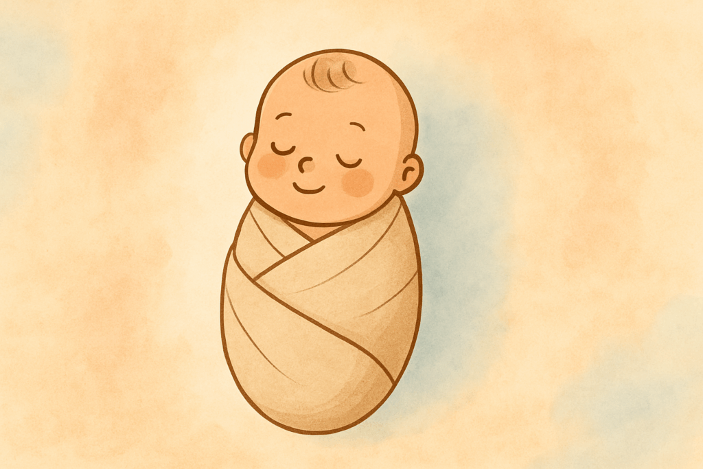 Illustration digitale d’un nouveau-né paisiblement endormi, emmailloté dans une couverture beige, sur un fond pastel doux aux nuances de bleu, rose et beige.