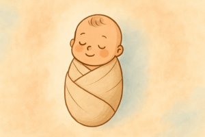 Illustration digitale d’un nouveau-né paisiblement endormi, emmailloté dans une couverture beige, sur un fond pastel doux aux nuances de bleu, rose et beige.